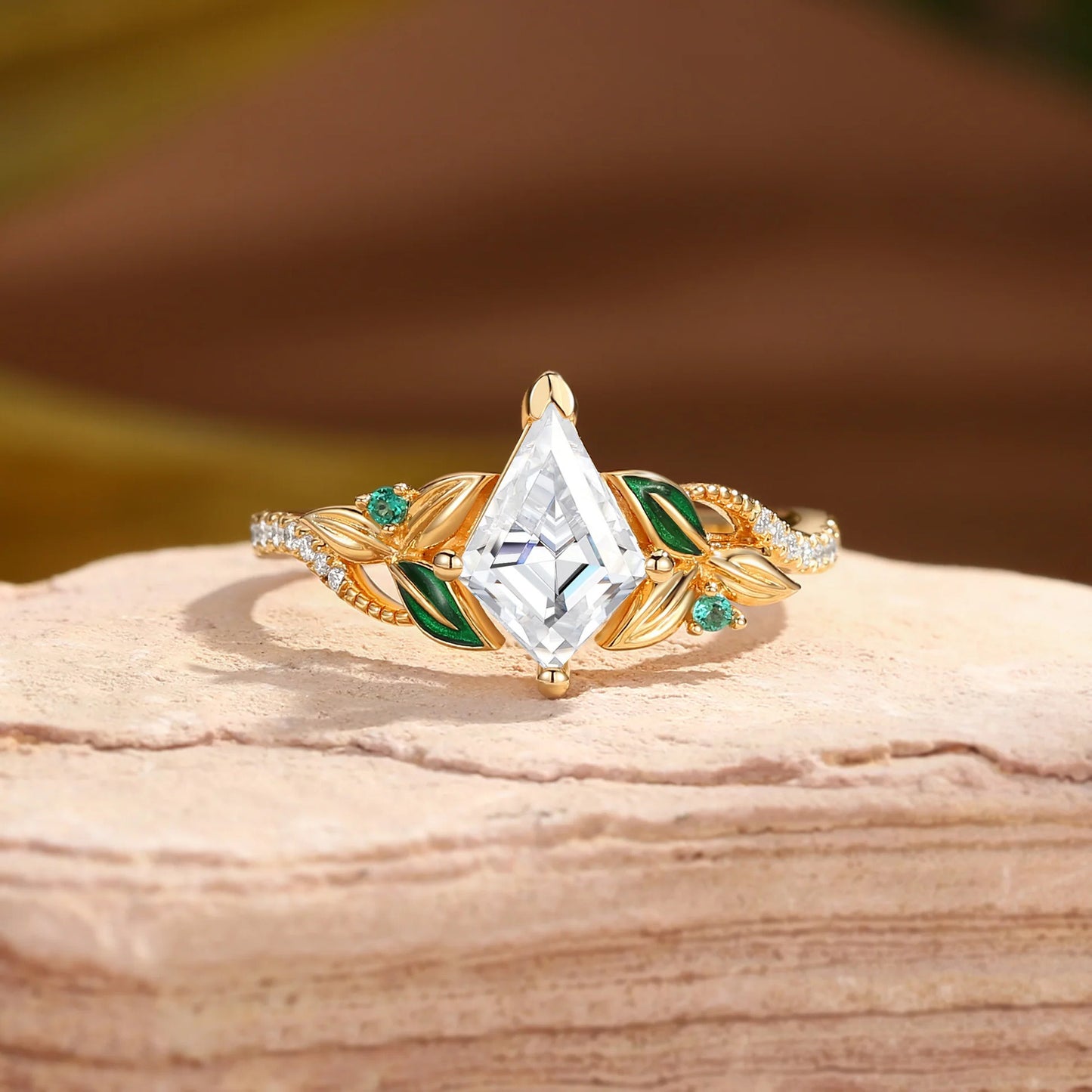 Kemstone Kite Cut Moissanite Leaf Ring Set for Women – Nature Inspired Stackable Engagement Ring in S925 Sterling Silver 18K Gold Plated T7-YC0317RS