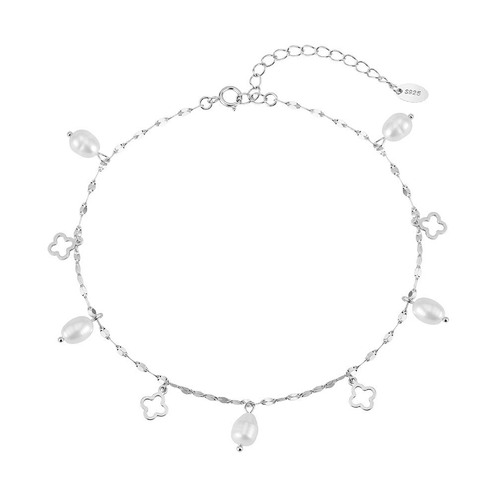 Kemstone 925 Sterling Silver Clover Anklet for Women Freshwater Pearl Gold Silver SA105