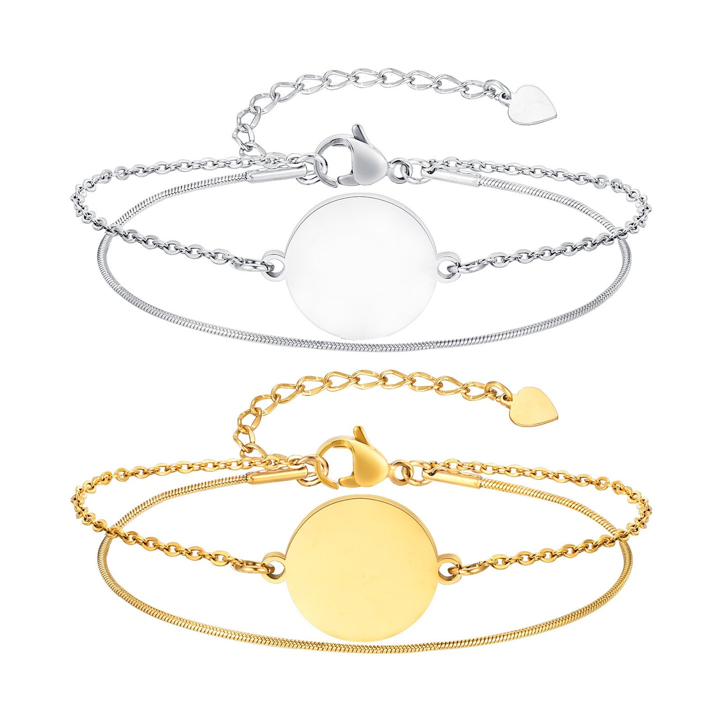 Pulsera de cadena doble de acero inoxidable con grabado personalizado para mujer | Elegante joya apilable de oro con dije personalizado BR1994