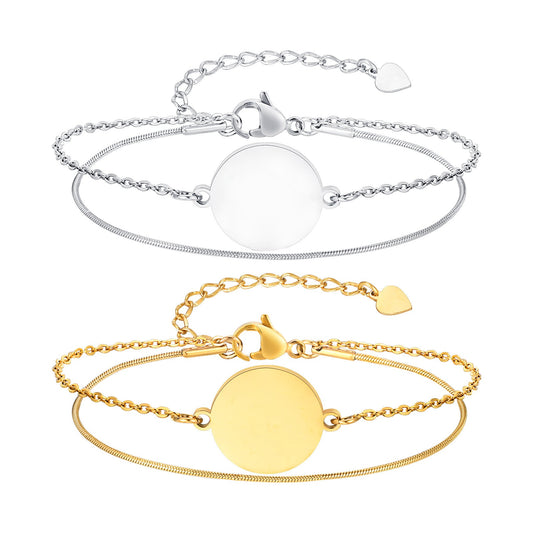 Pulsera de cadena doble de acero inoxidable con grabado personalizado para mujer | Elegante joya apilable de oro con dije personalizado BR1994