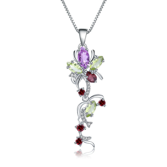 Kemstone Women's Jewelry Lily of the Valley Amethyst Peridot Garnet Zirconia Pendant Sterling Silver Necklace,18"