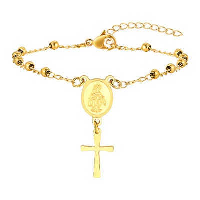 Elegant Stainless Steel Rosary Bead Chain Bracelet with Madonna & Cross Charm – Gold-Tone Spiritual Jewelry for Women BR-2234