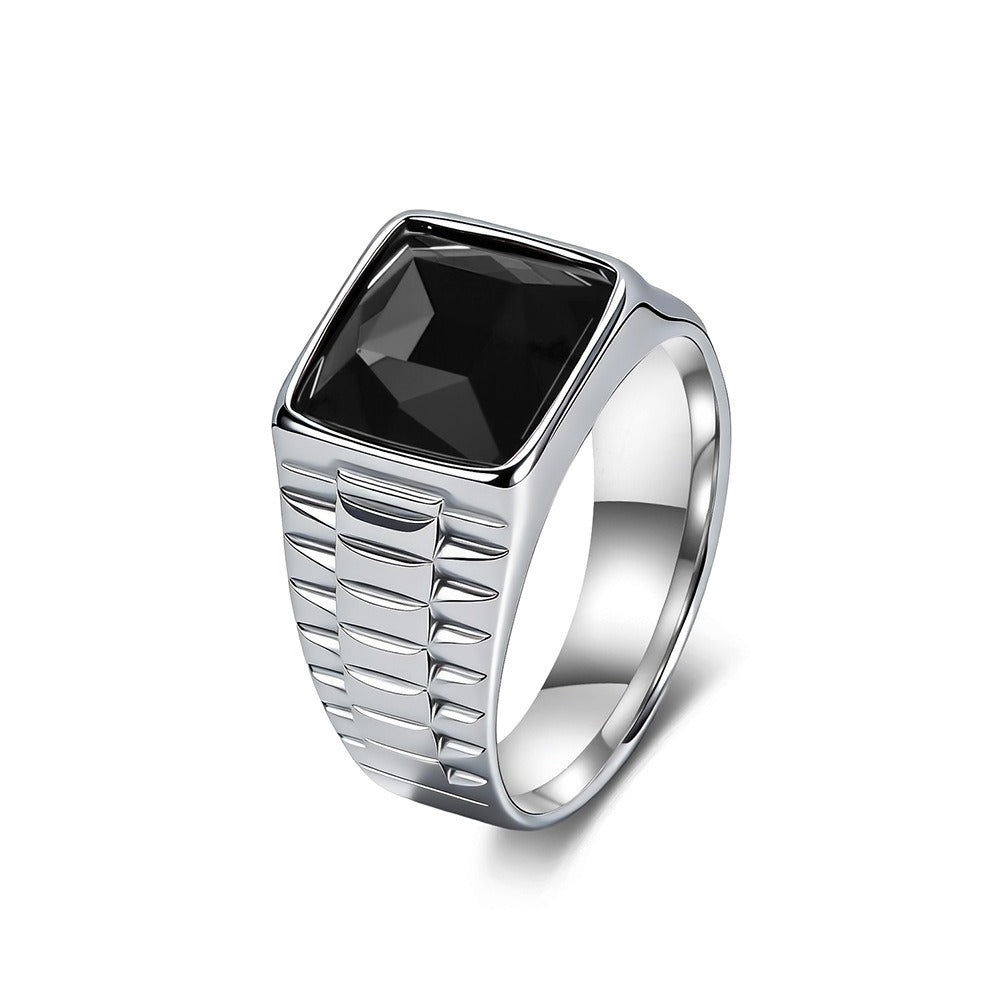 Kemstone Stainless Steel Black Stone Signet Ring for Men Square Face