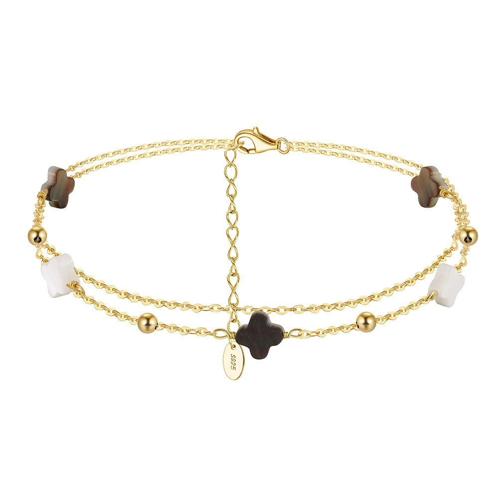 Kemstone 925 Sterling Silver Clover Anklet for Women Layered Shell Chain Gold Silver GMA02