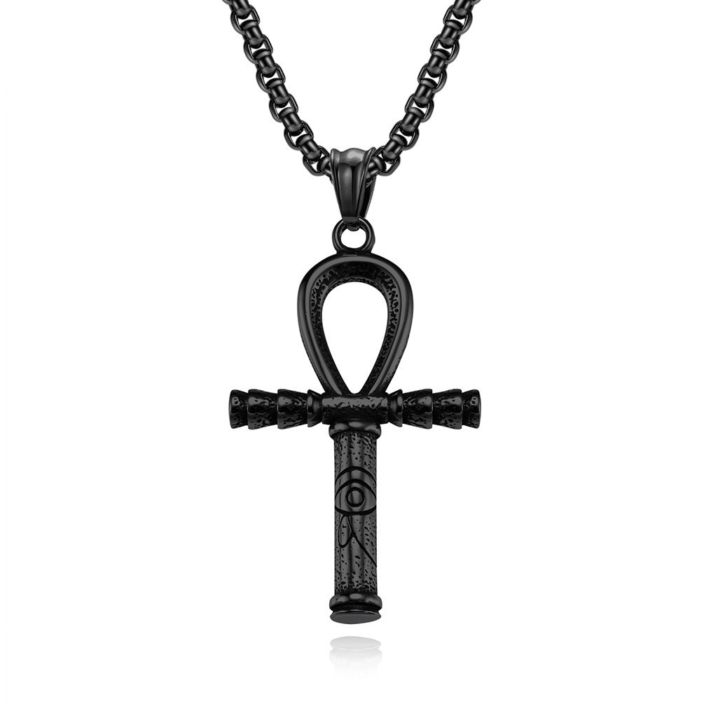 Kemstone Egyptian Ankh Cross Pendant Necklace – Stainless Steel Eye of Horus Design for Men Silver Black K-PT443