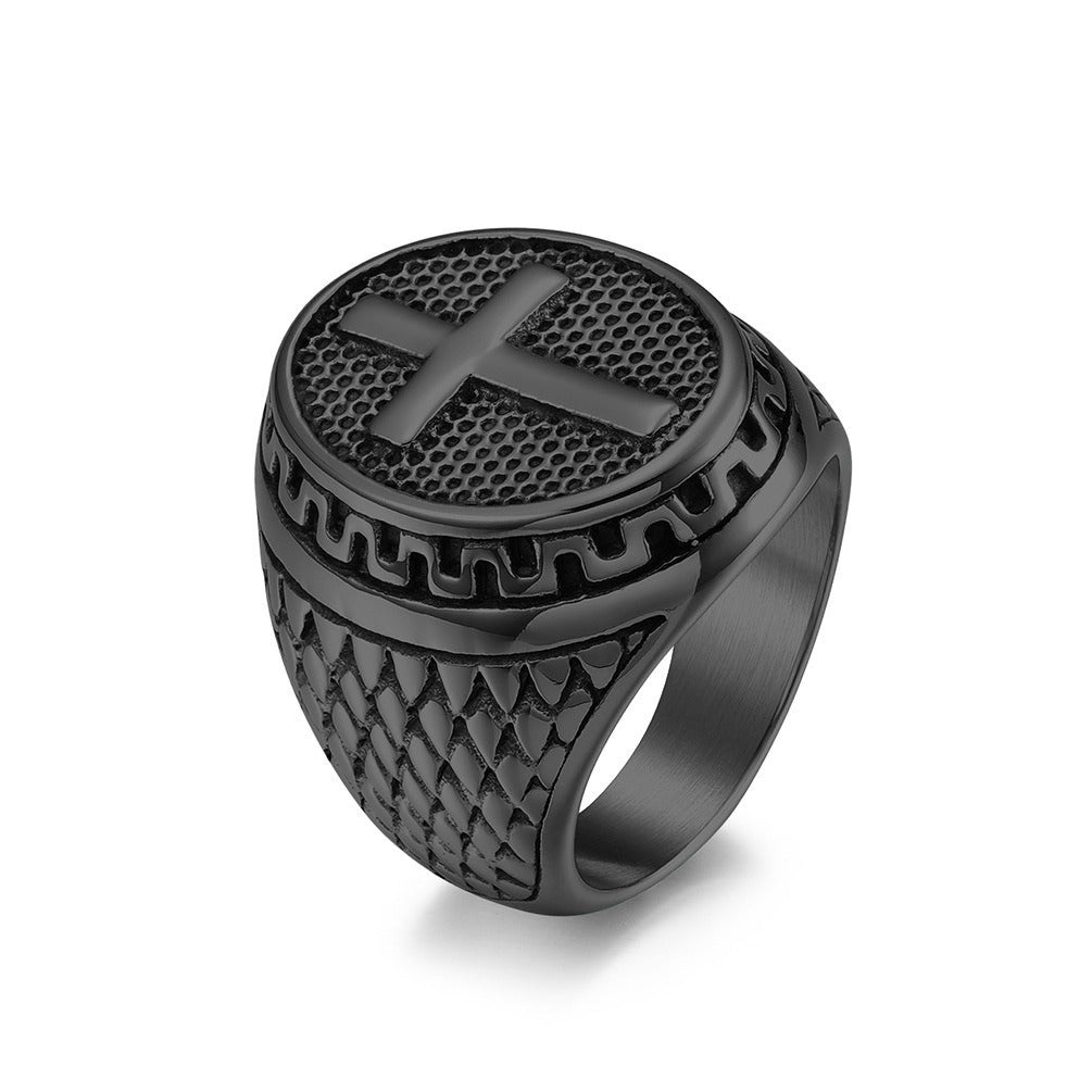 Kemstone Stainless Steel Cross Signet Ring – Engraved Vintage Surface K-R650