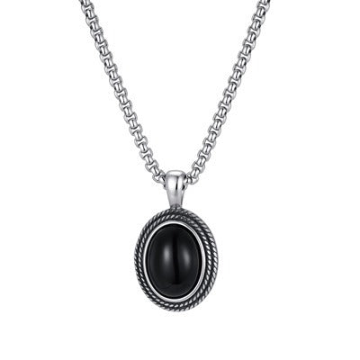 Kemston Black Stone Pendant Necklace for Men Stainless Steel Oval Vintage Frame PN-2462