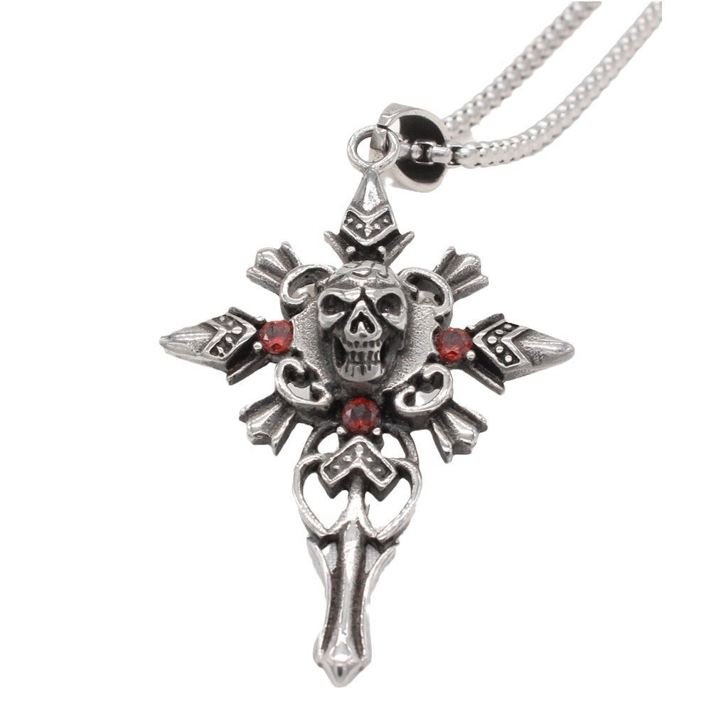 Kemstone Skull Cross Titanium Steel Pendant Necklace for Men – Red Cubic Zirconia Inlay P1400