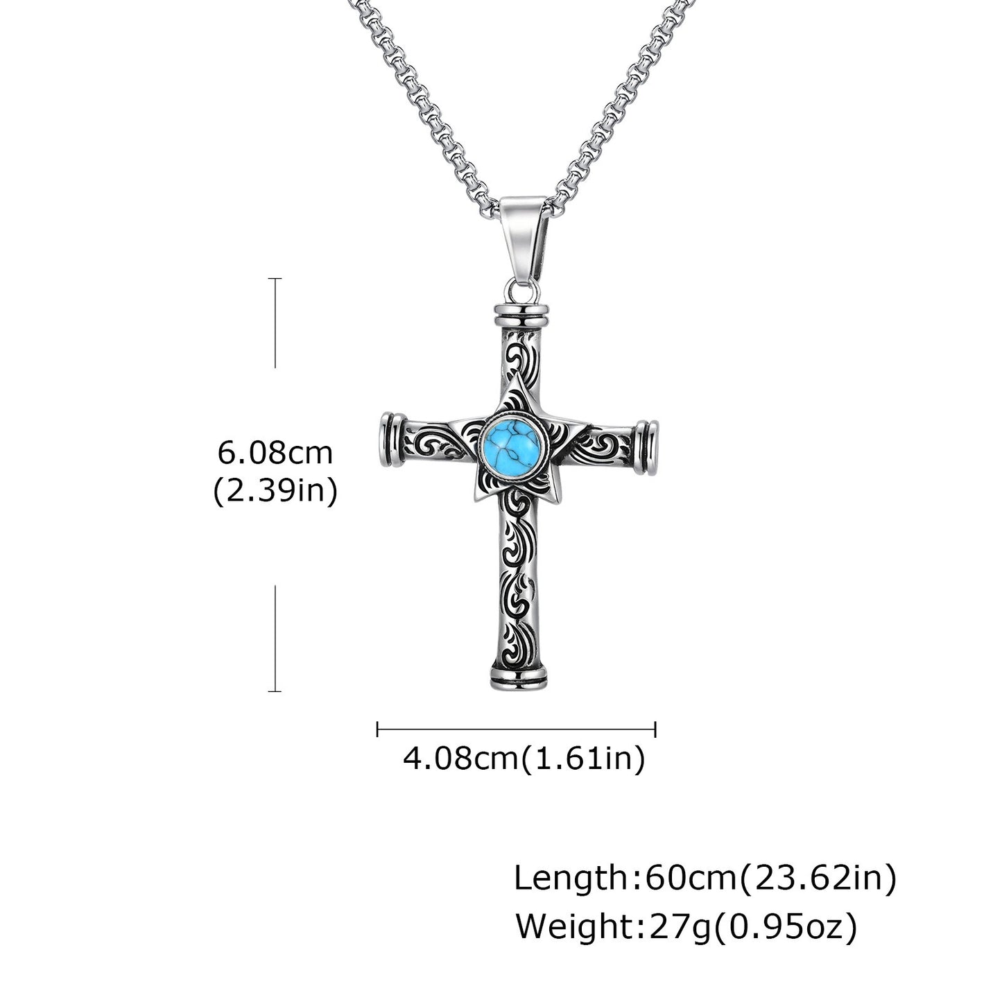 Kemstone Stainless Steel Cross Pendant Necklace Men’s Turquoise Star PN-2235
