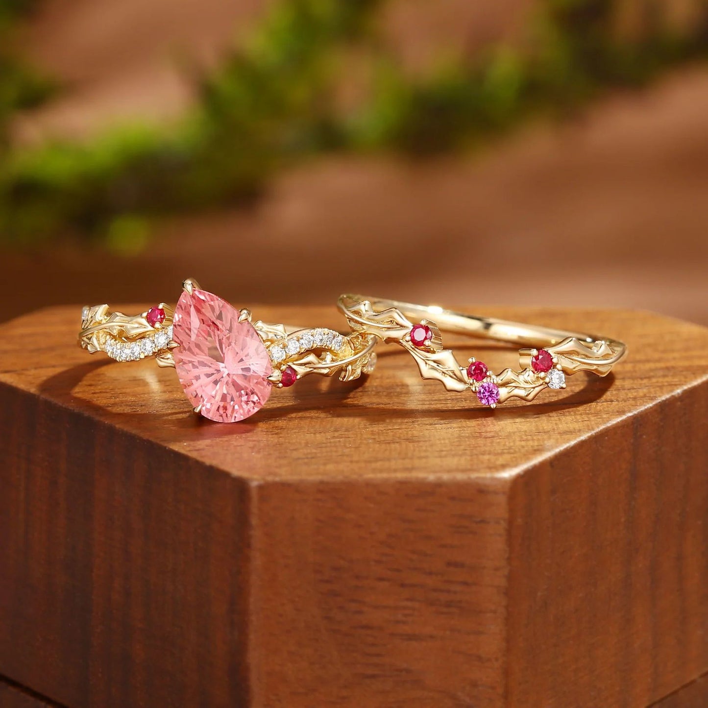 Kemstone Pink Sapphire Floral Ring Set for Women – Pear Shaped Gemstone Stackable Ring in S925 Sterling Silver 18K Gold Plated T7-YC0324RS