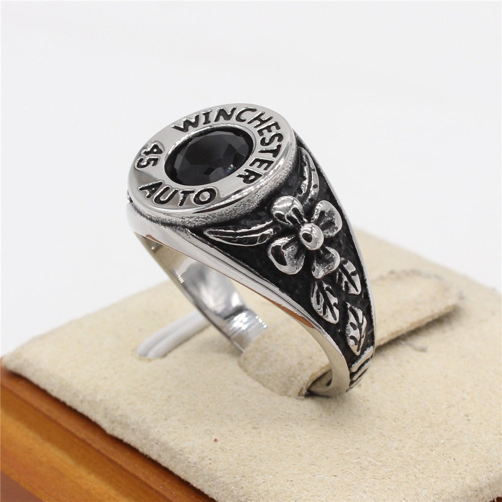 Kemstone Black Stone Signet Ring for Men Titanium Steel Vintage Rose Detail R1579
