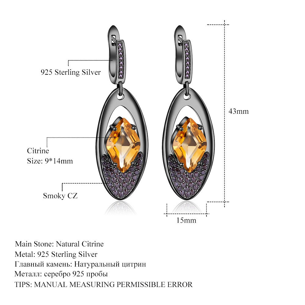 Pendientes colgantes de citrino con circonita ahumada, diseño original, hechos a mano por Kemstone en plata de ley 925.