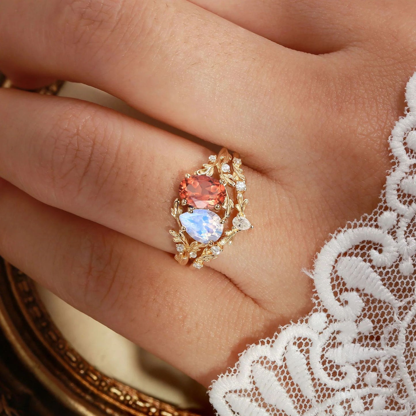 Kemstone Moonstone & Mandarin Garnet Ring Set for Women – Vintage Floral Stackable Ring in S925 Sterling Silver 18K Gold Plated T7-YC0323RS
