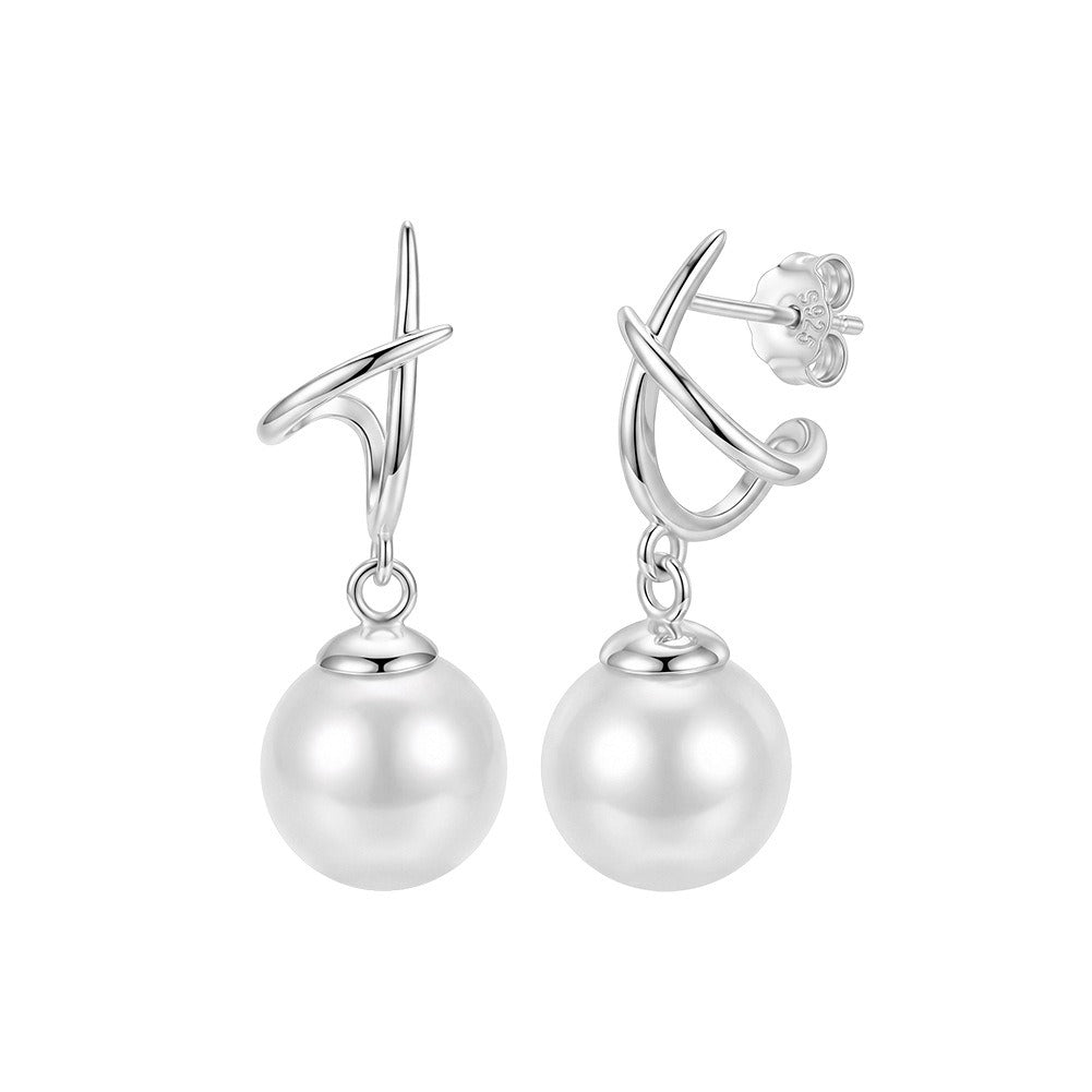 Kemstone Pearl Drop Earrings for Women 925 Sterling Silver Curved Line Design PSE14