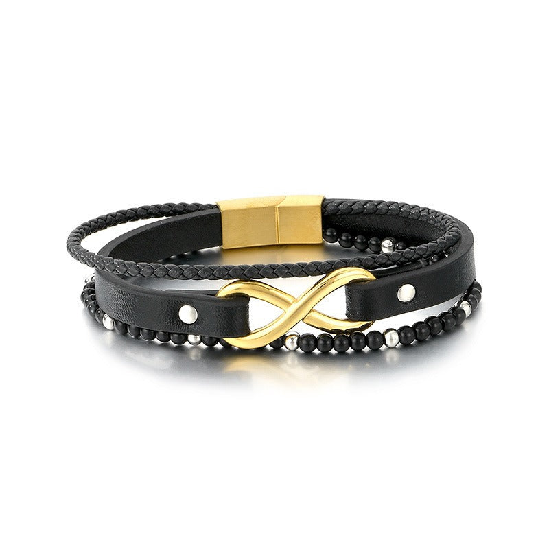 Kemstone Layered Leather Beaded Infinity Bracelet for Men Stainless Steel Clasp Wristband KB180750-JR
