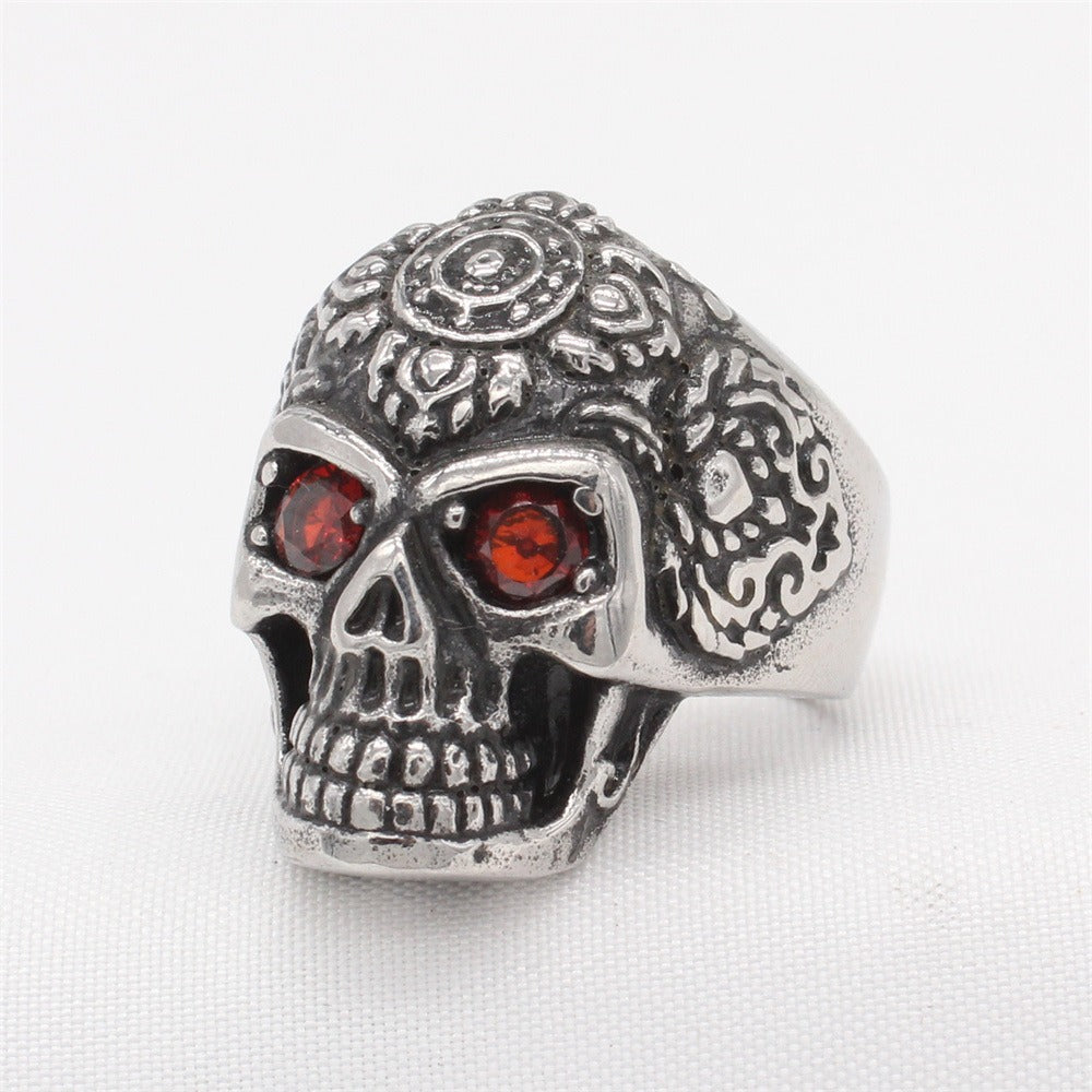 Kemstone Titanium Steel Skull Ring with Cubic Zirconia Eyes – Gothic Carved Design R1780