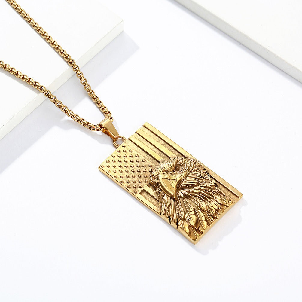 Kemstone Titanium Steel Eagle Flag Pendant Necklace for Men – Sculpted Relief Design K-PT486