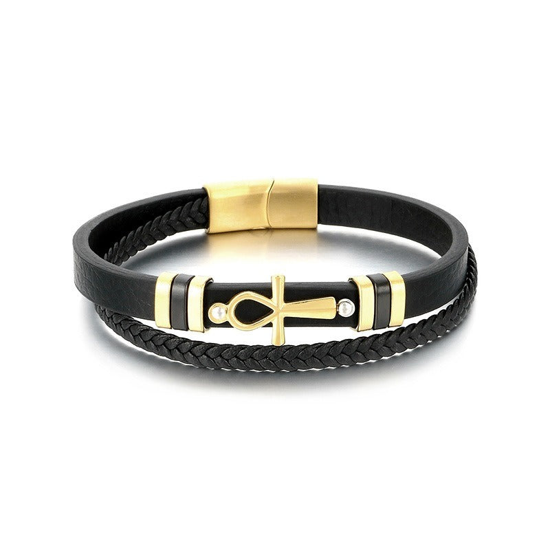 Kemstone Layered Leather Bracelet for Men Stainless Steel Cross Detail KB180738-JR