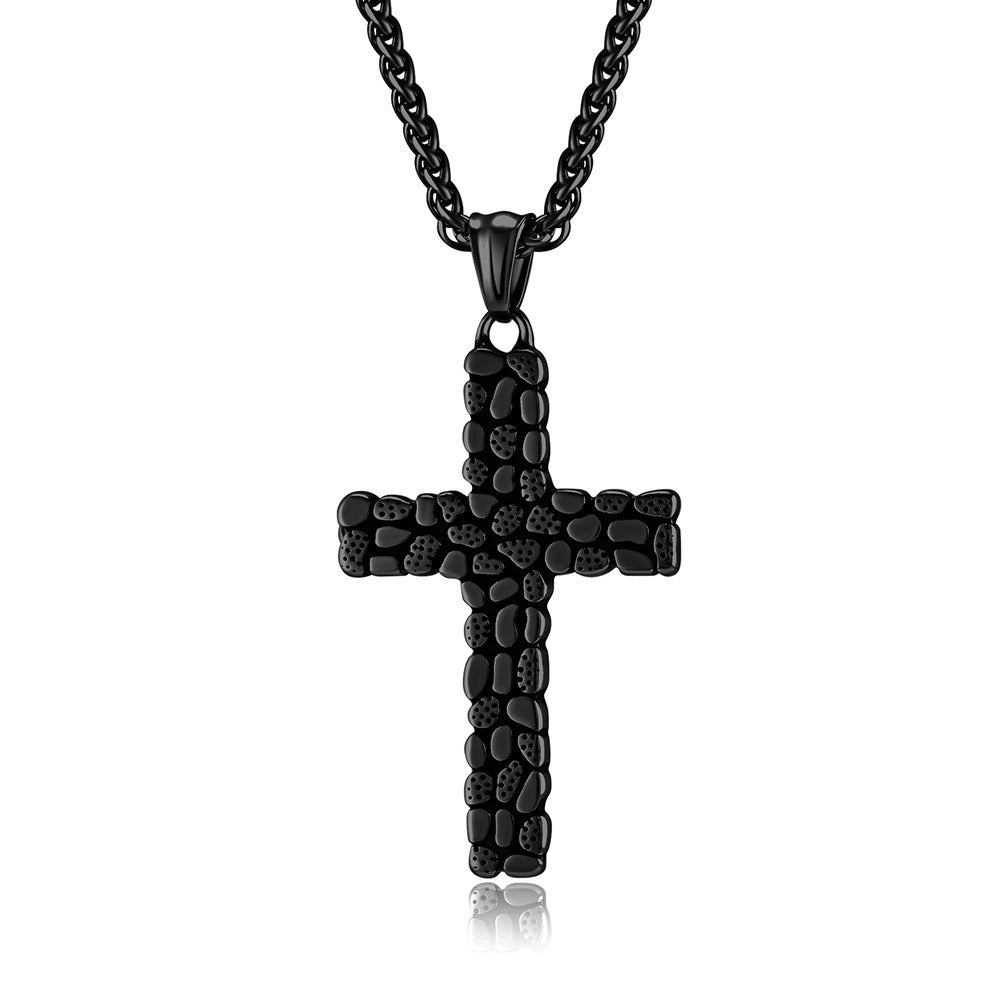 Kemstone Cross Pendant Necklace Titanium Steel Pebble Texture Chain for Men K-PT513
