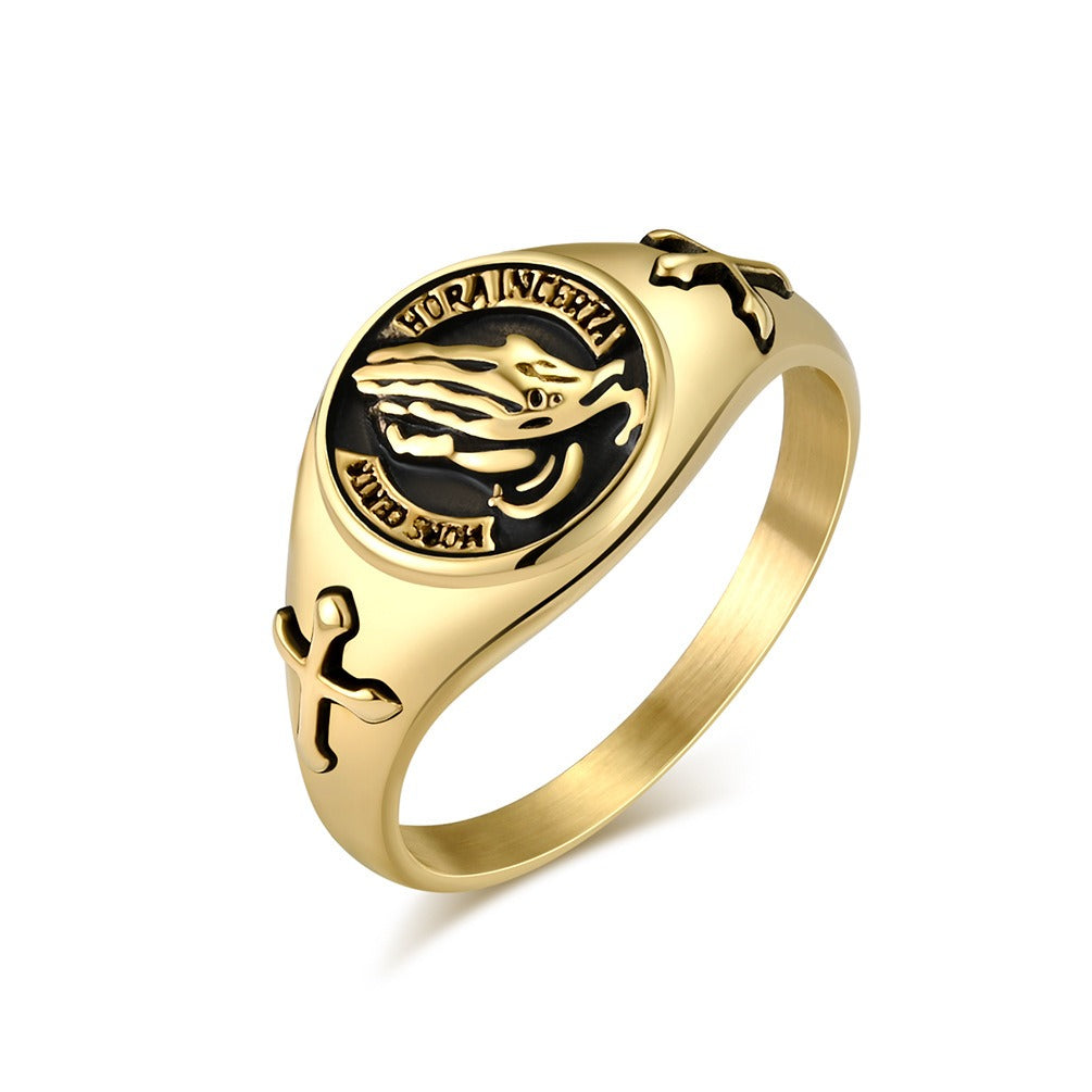 Kemstone Praying Hands Cross Signet Ring in Stainless Steel for Men,Silver Gold Black – K-R831