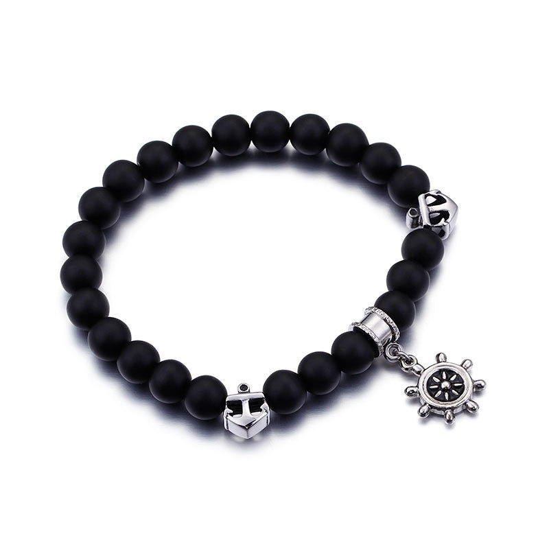 Kemstone Stainless Steel Ship Wheel Beaded Bracelet for Men, 8mm Matte Black Agate Nautical Helm Charm KB92957-BD