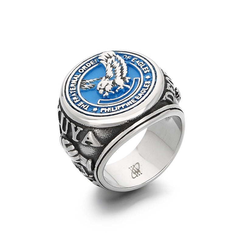 Kemstone Titanium Steel Eagle Ring – Blue Enamel Vintage Signet Jewelry, Symbol of Freedom KR114201-LU