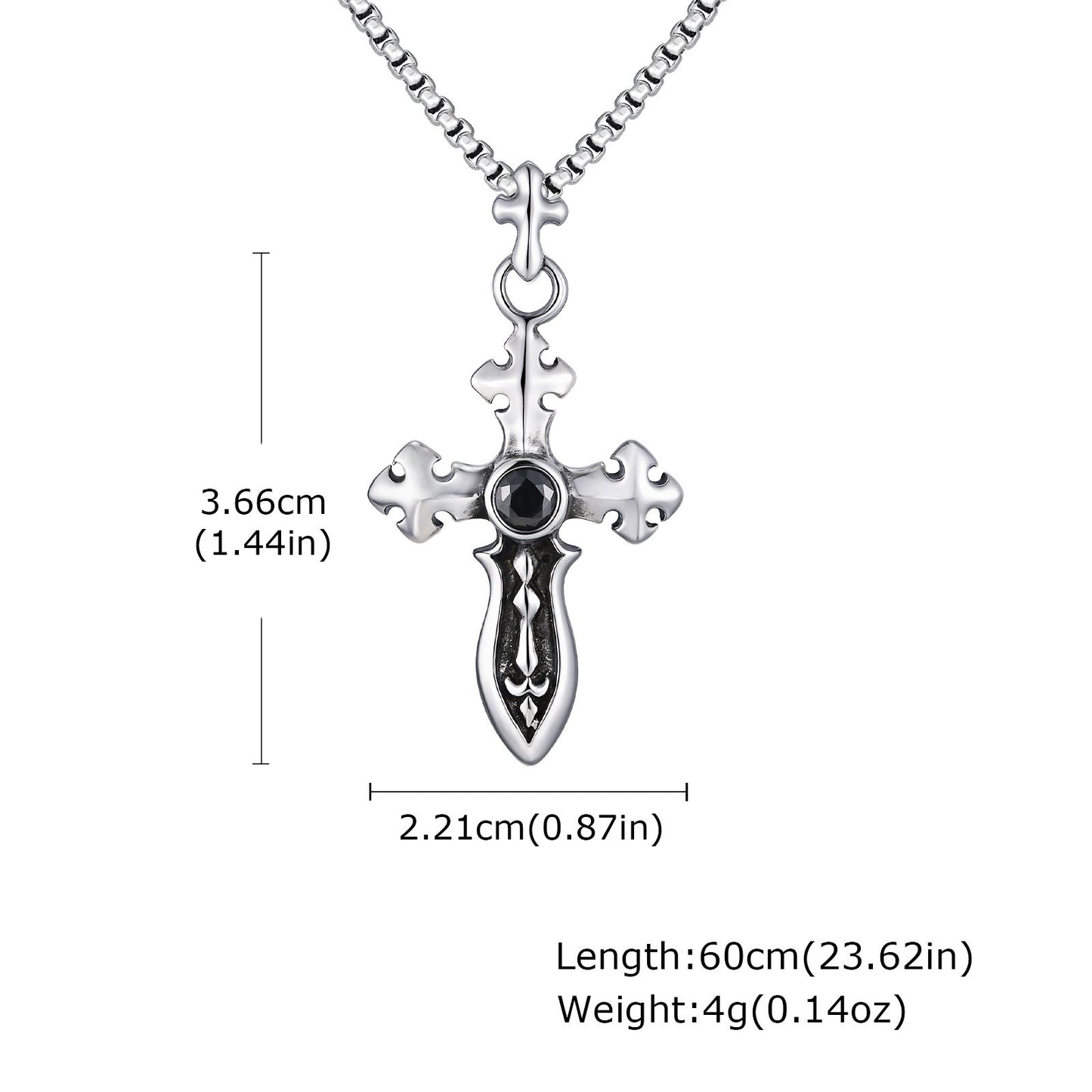 Kemstone Stainless Steel Vintage Cross Sword Pendant Necklace for Men with Black Zircon Stone PN2248
