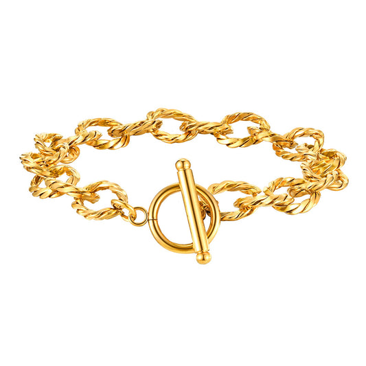 Stainless Steel Twisted Rope Bracelet with OT Clasp – Chunky Gold-Tone Chain Jewelry for Women BR-2201