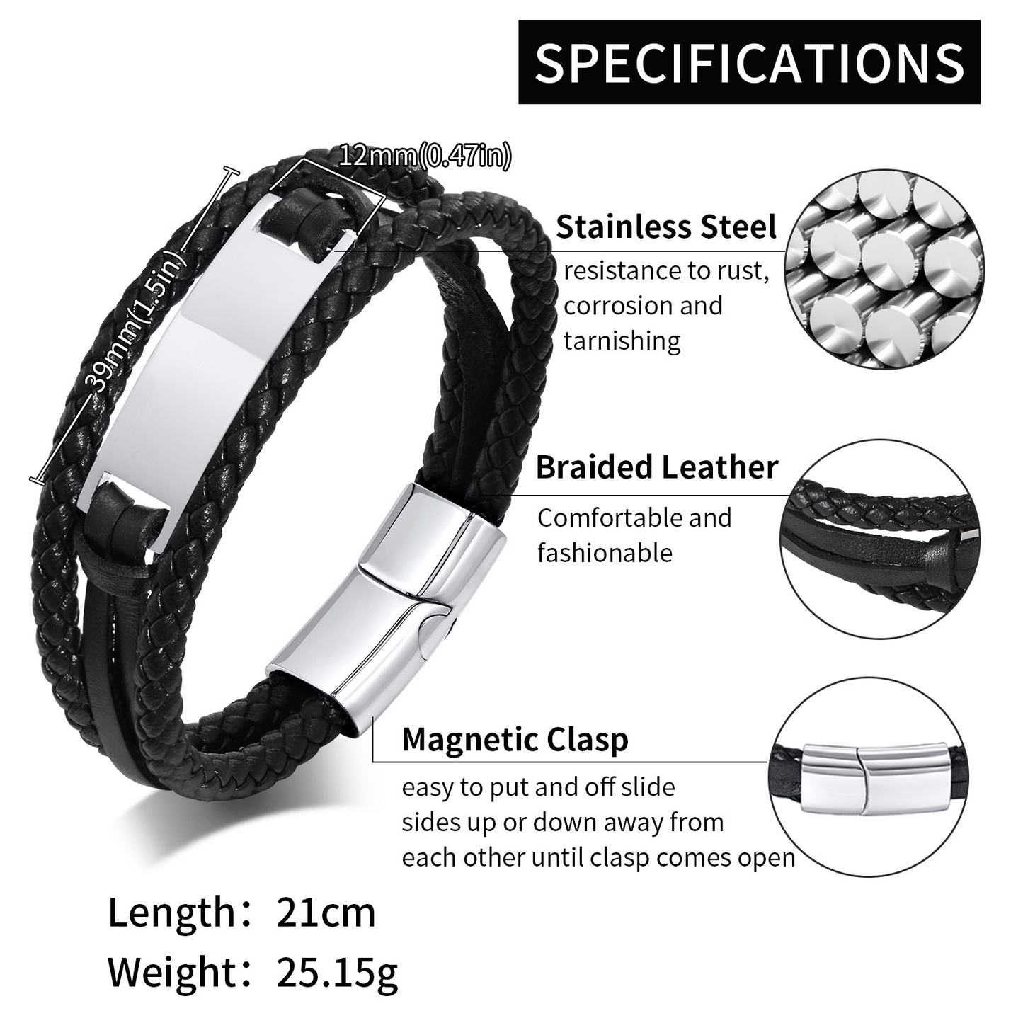 Kemstone Stainless Steel Braided Leather Bracelet for Men – Black ID Bar Design BL-669