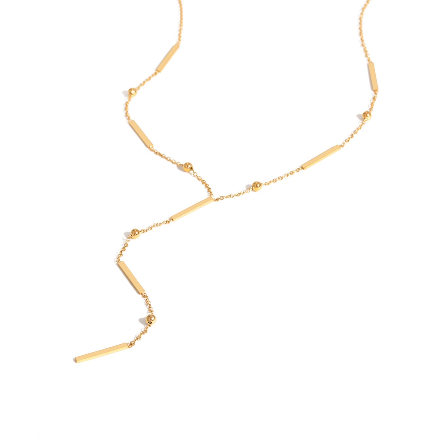 Collar minimalista Kemstone de acero inoxidable con borlas en forma de Y y cuentas espaciadoras cuadradas: detalles dorados atemporales para una elegancia cotidiana NC-2049