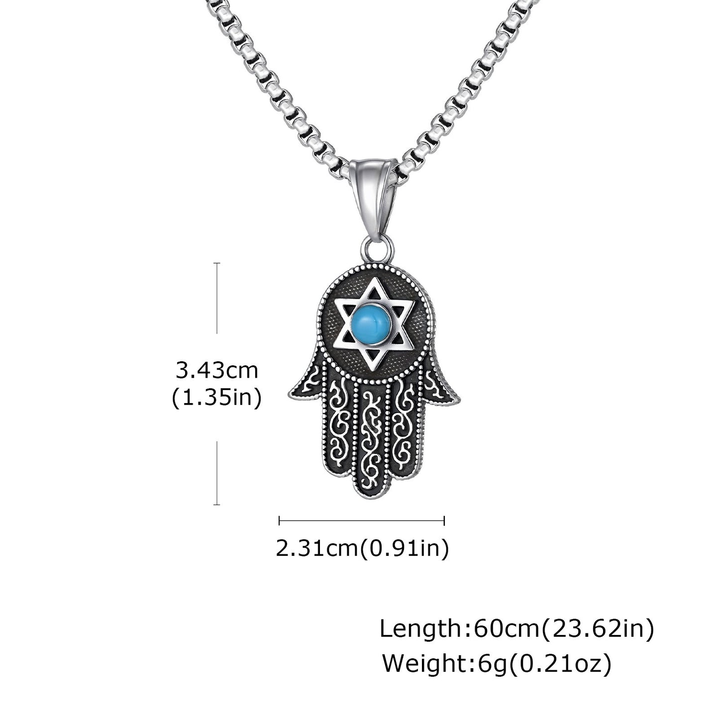 Kemstone Stainless Steel Hamsa Hand Necklace – Hexagram Turquoise Pendant for Men PN-2232