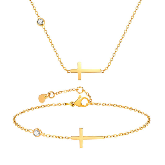 Cross Pendant Necklace – White Zirconia & Gold-Tone Stainless Steel NC-782