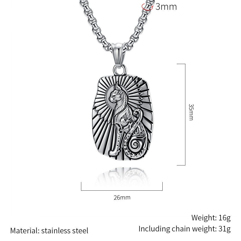 Kemstone Ancient Cat Symbol Stainless Steel Pendant Necklace for Men – Engraved Relief, Gold Silver K-PT699