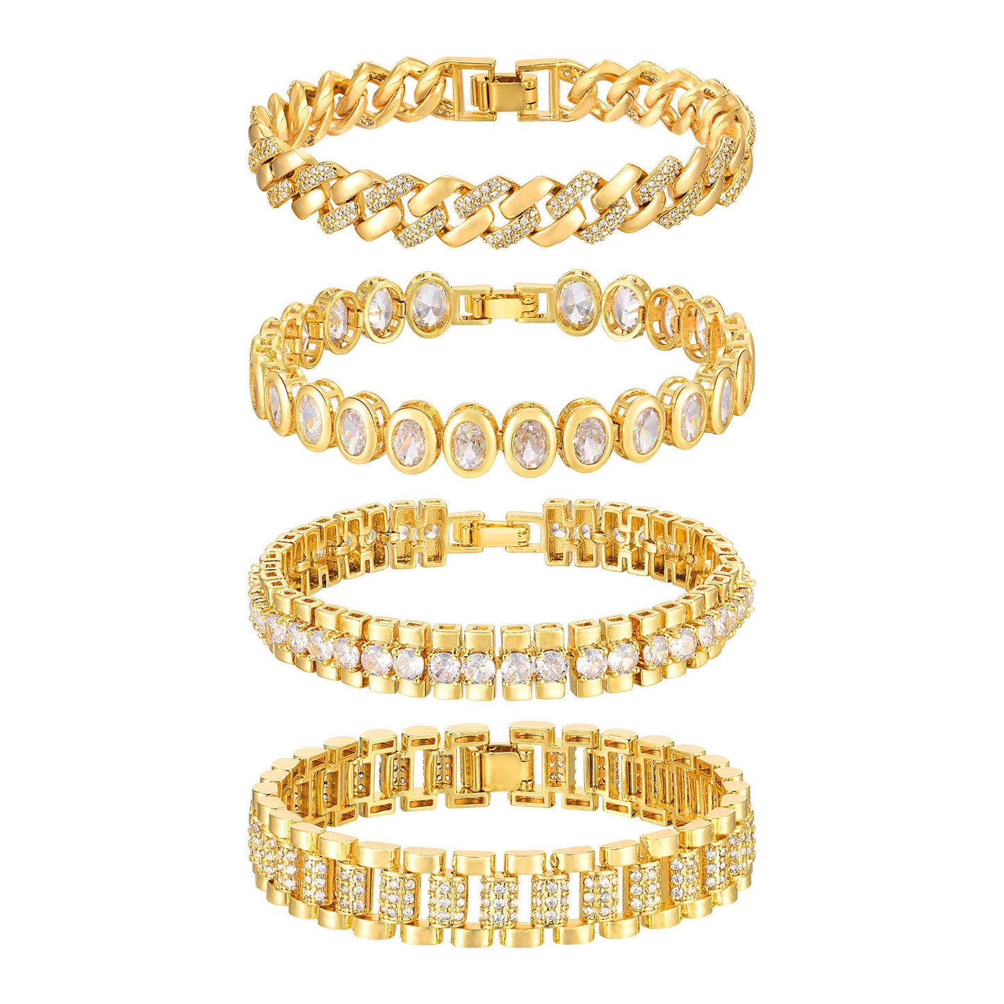 Pulsera gruesa de cobre y circonita en tono dorado para mujer: cadena llamativa con detalles art déco PBR-219