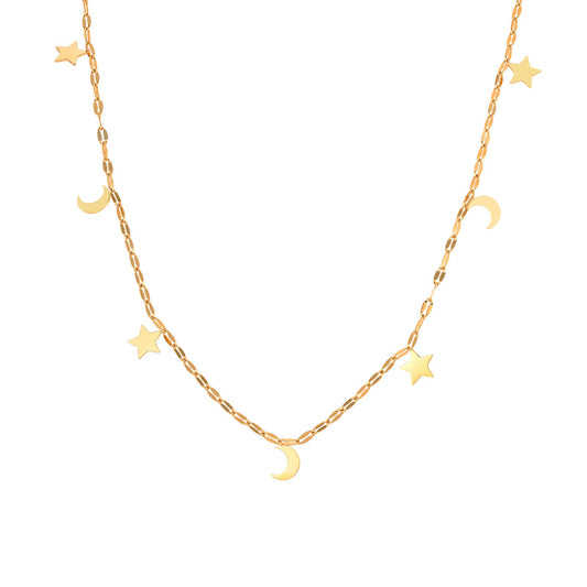 Chic Lip Chain Moon & Star Necklace – Gold-Tone Stainless Steel, Celestial-Inspired Statement Piece NC-1886