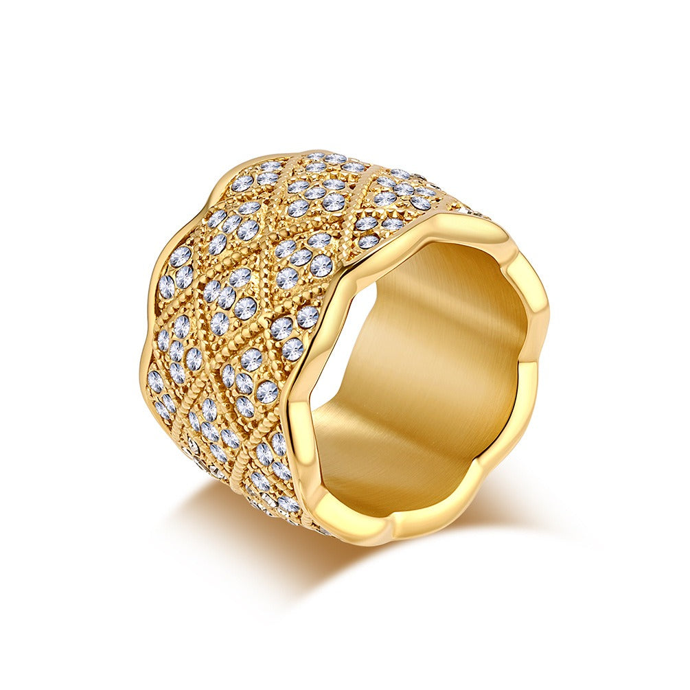 Anillo unisex de malla geométrica con cristales pavé completos, de lujo y espectacular. Joyería de acero inoxidable chapada en oro para un estilo audaz. K-R972