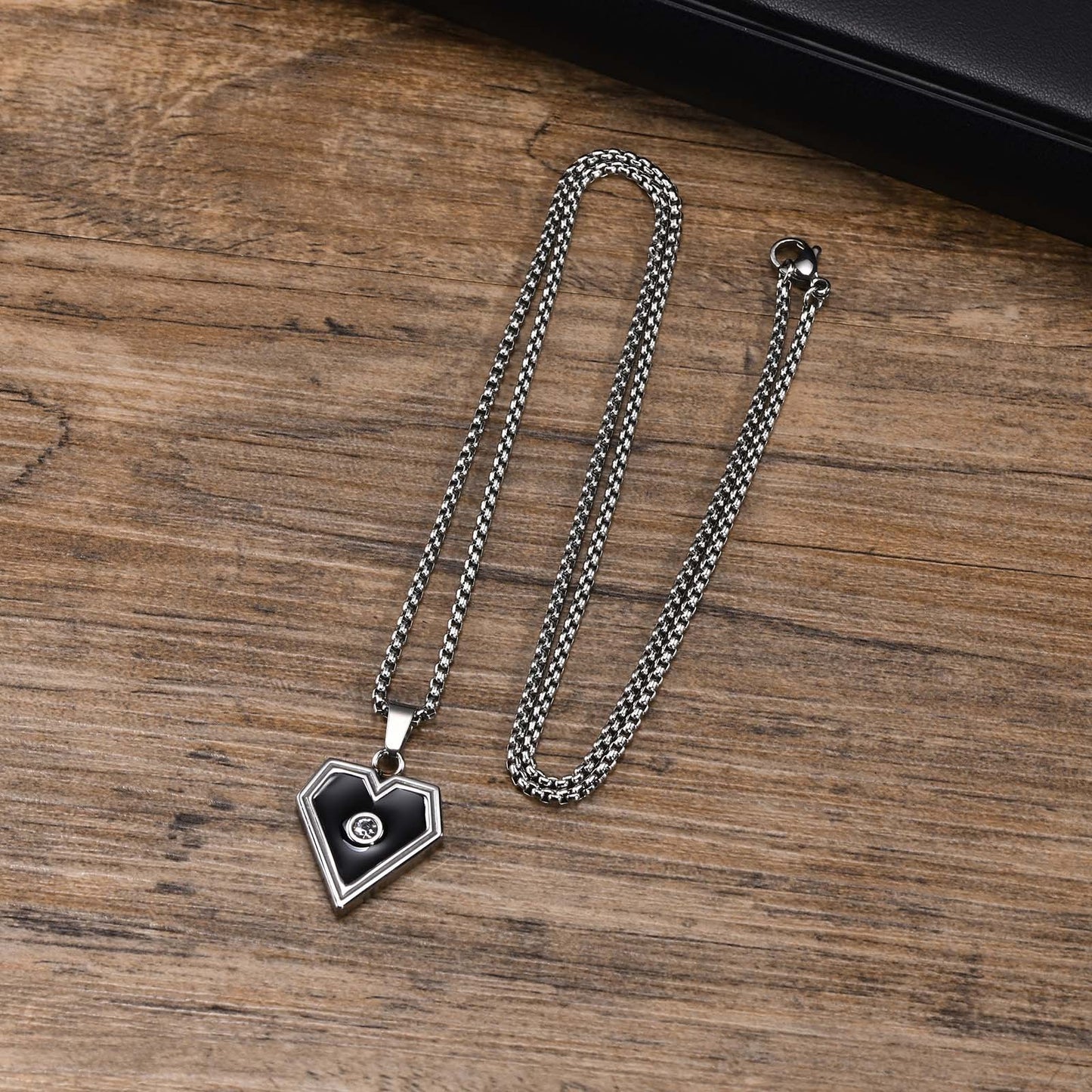 Kemstone Stainless Steel Heart Pendant Necklace for Men – Black with Cubic Zirconia