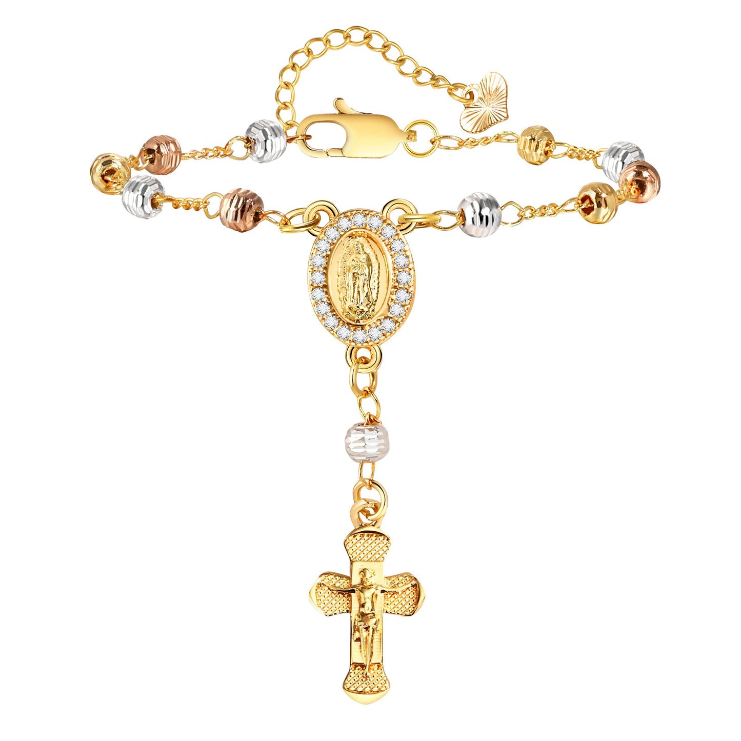 Vintage Copper Floral Bead Bracelet with Oval Madonna & Cross Charm – Faith-Inspired Jewelry for Women PBR-128
