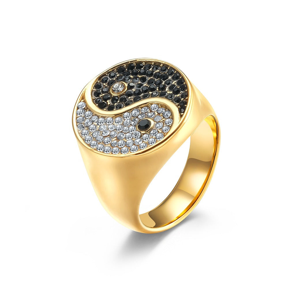 Kemstone Yin Yang Signet Ring for Men Stainless Steel Black White Stone K-R606