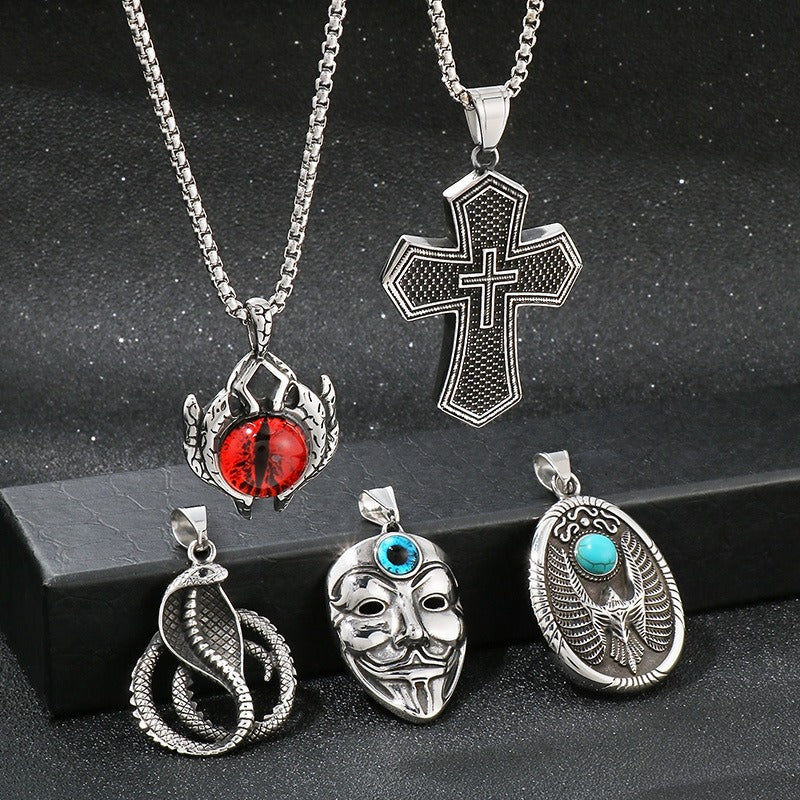 Kemstone Turquoise Eagle Amulet Necklace – Tribal Cross & Evil Eye Pendant for Men, Gothic Streetwear Jewelry KP100398