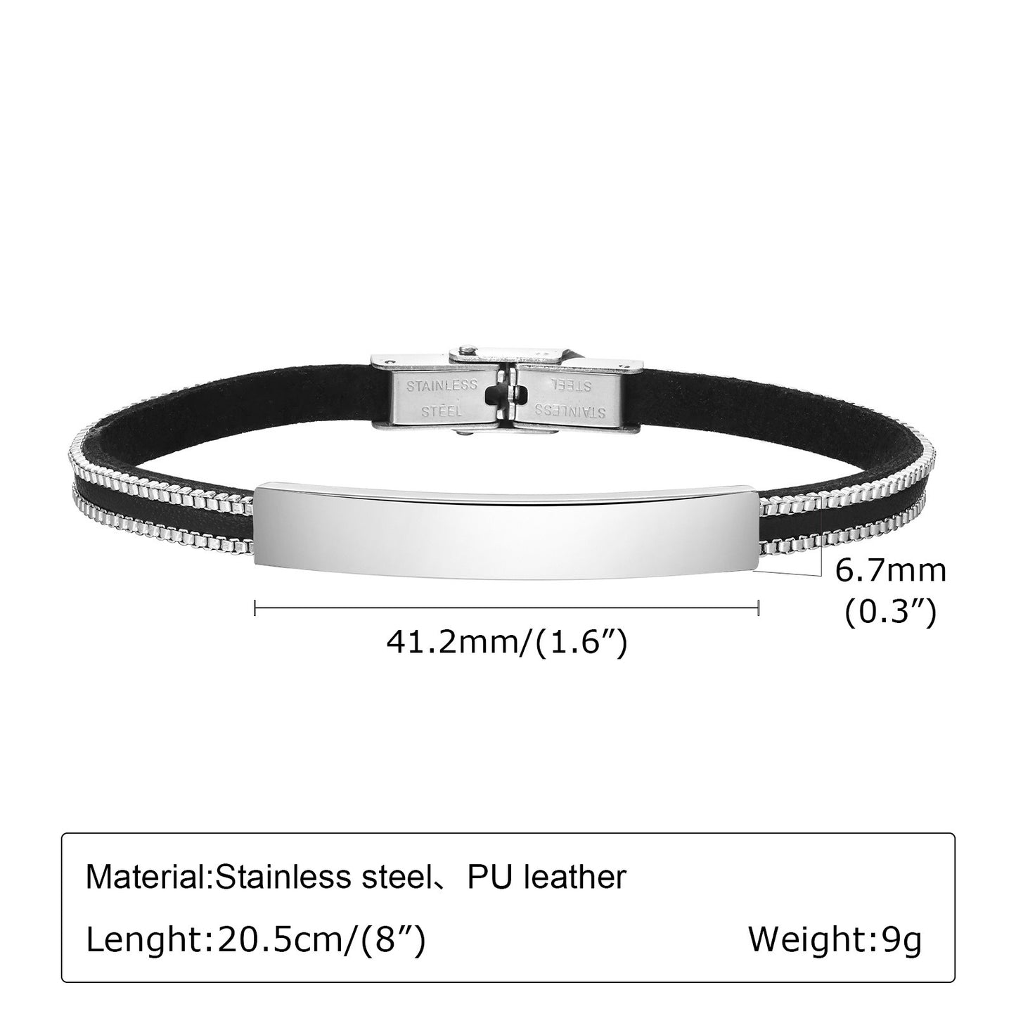 Kemstone Stainless Steel ID Plate Leather Bracelet for Men – Double Chain Edge, Black Silver BL-729
