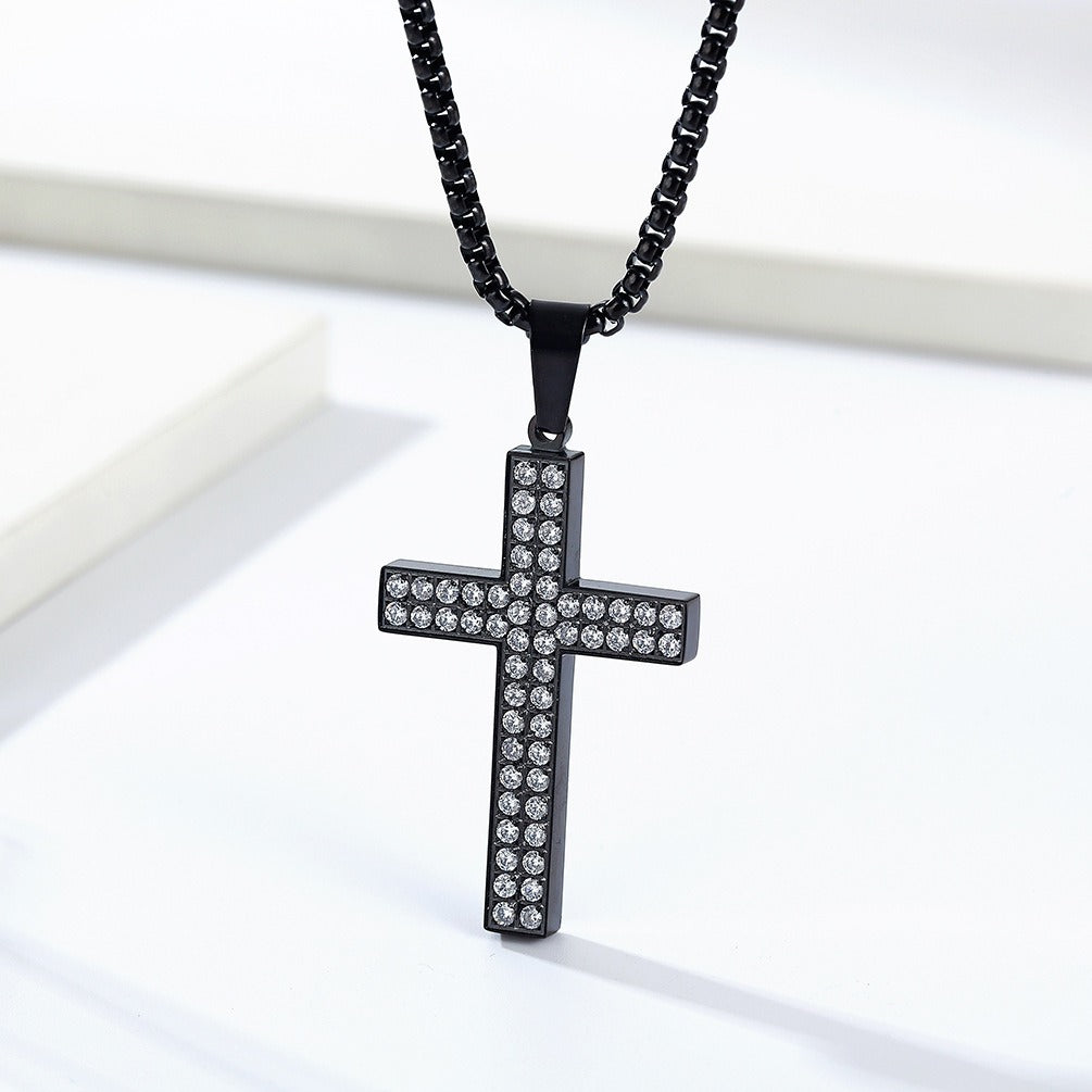 Kemstone Titanium Steel CZ Cross Necklace – Full Pave Cubic Zirconia Pendant for Men & Women K-PT477