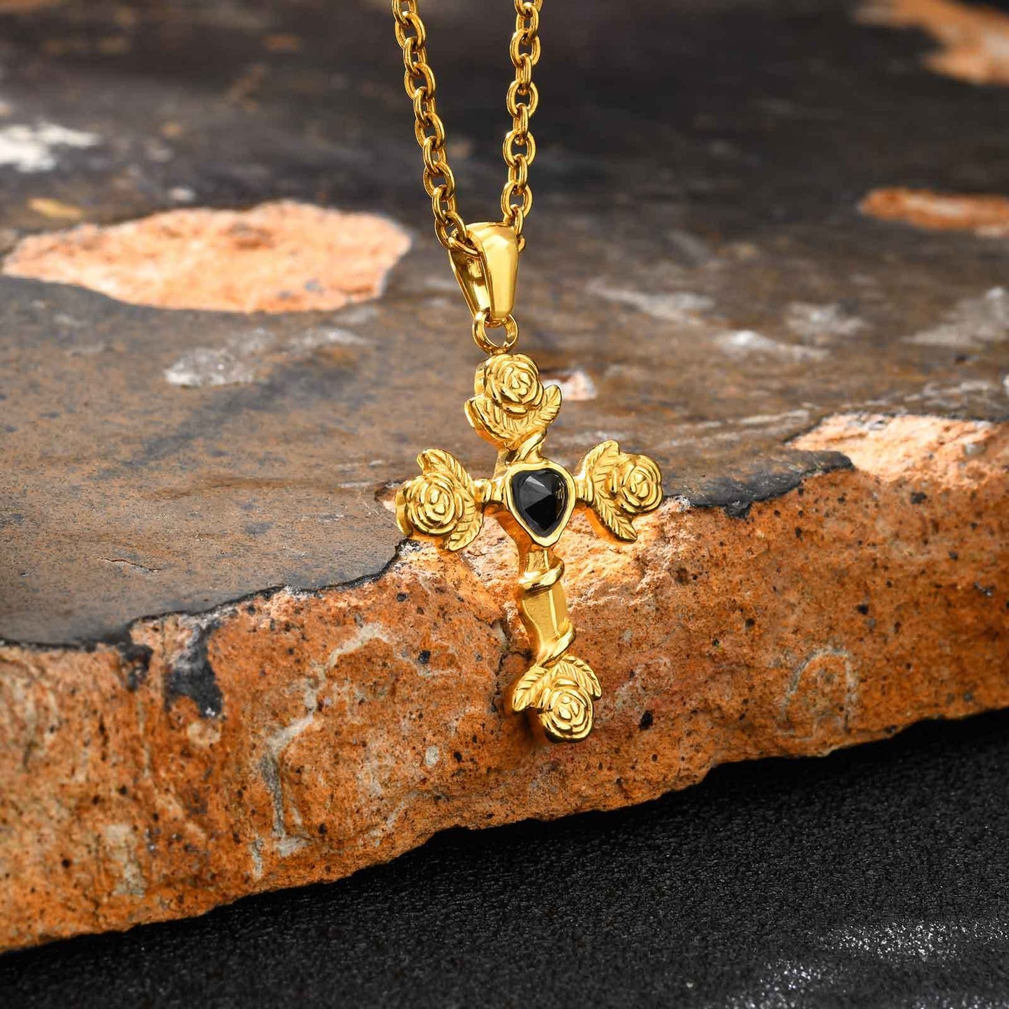 Kemstone Men’s Gothic Cross Pendant Necklace – Stainless Steel Vintage Rose PN-2240