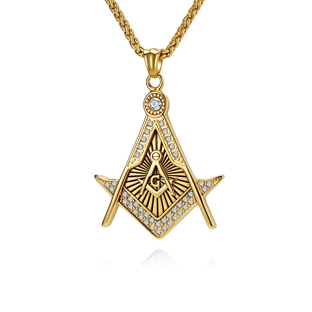 Kemstone Geometric Compass Pendant Necklace for Men Stainless Steel Stone Detail K-PT717