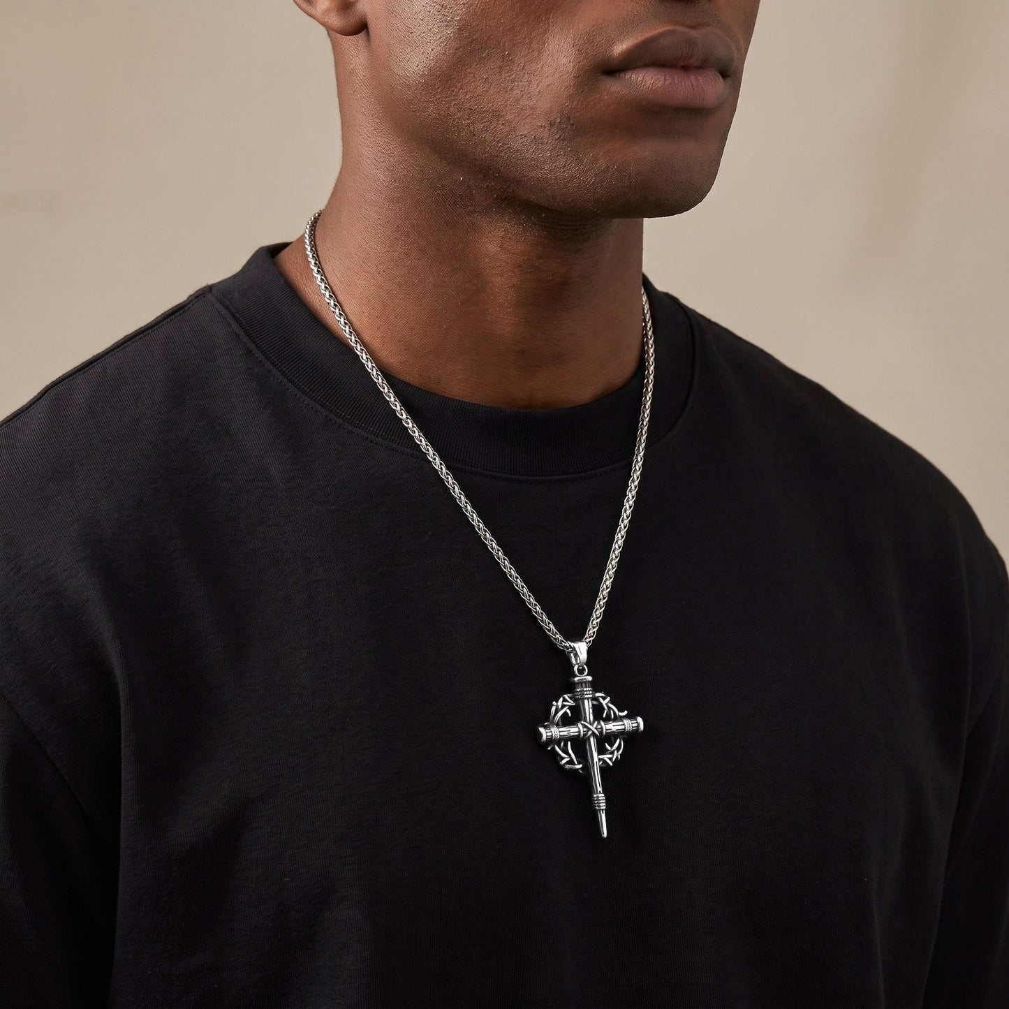 Kemston Thorn-Wrapped Gothic Cross Necklace for Men Stainless Steel Vintage Silver PN-2463S