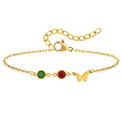 Stainless Steel Flat Cross Chain Bracelet with Red/Green Zirconia Butterfly Accents – Elegant Jewelry for Women BR-2142