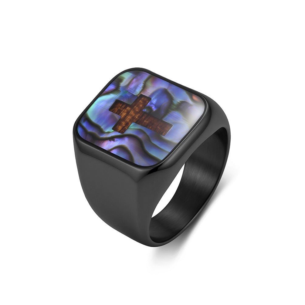 Kemstone Abalone Shell Cross Signet Ring for Men Stainless Steel K-R1239