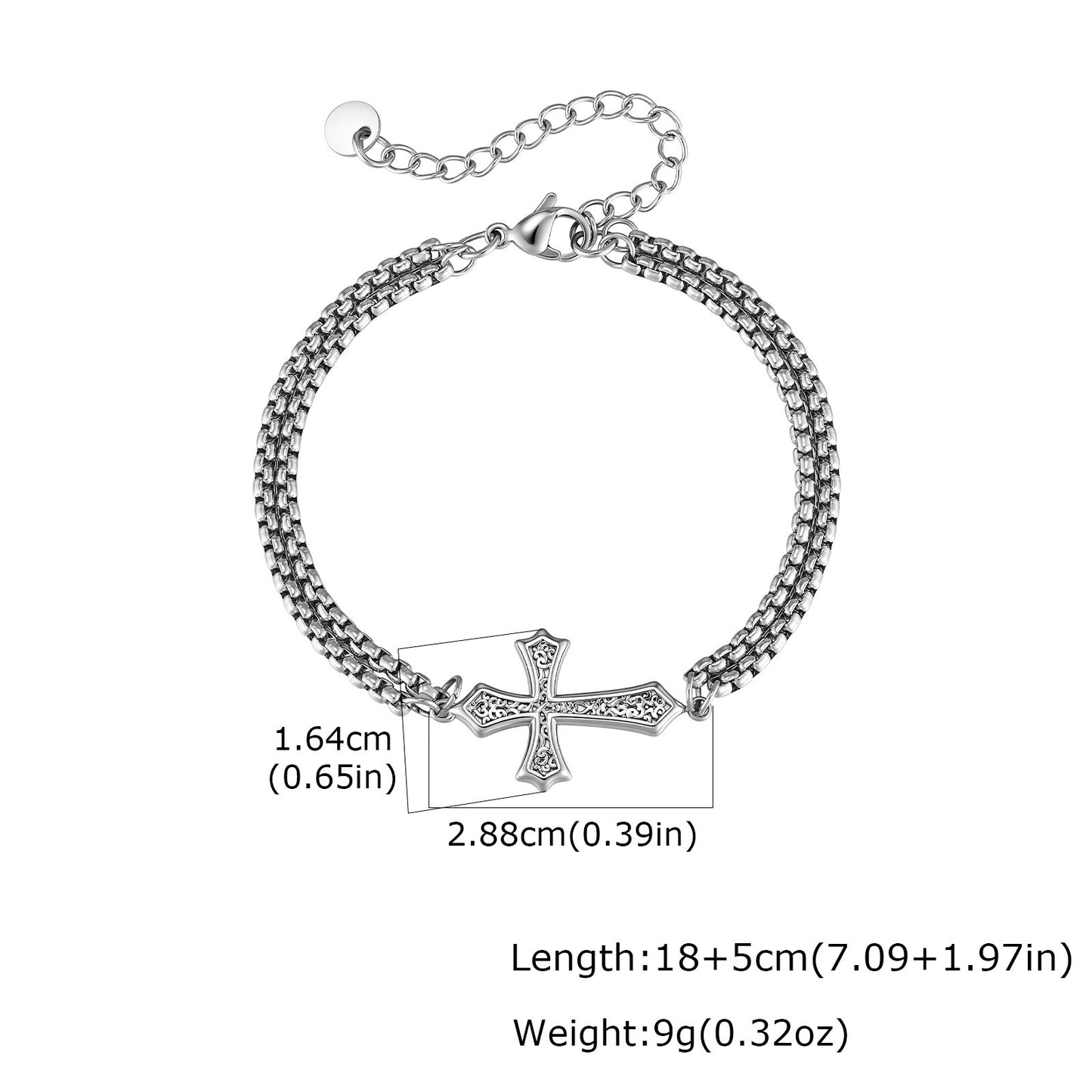 Kemstone Dual Chain Cross Bracelet for Men Stainless Steel Minimal Hip Hop Layered Wristwear BR3122