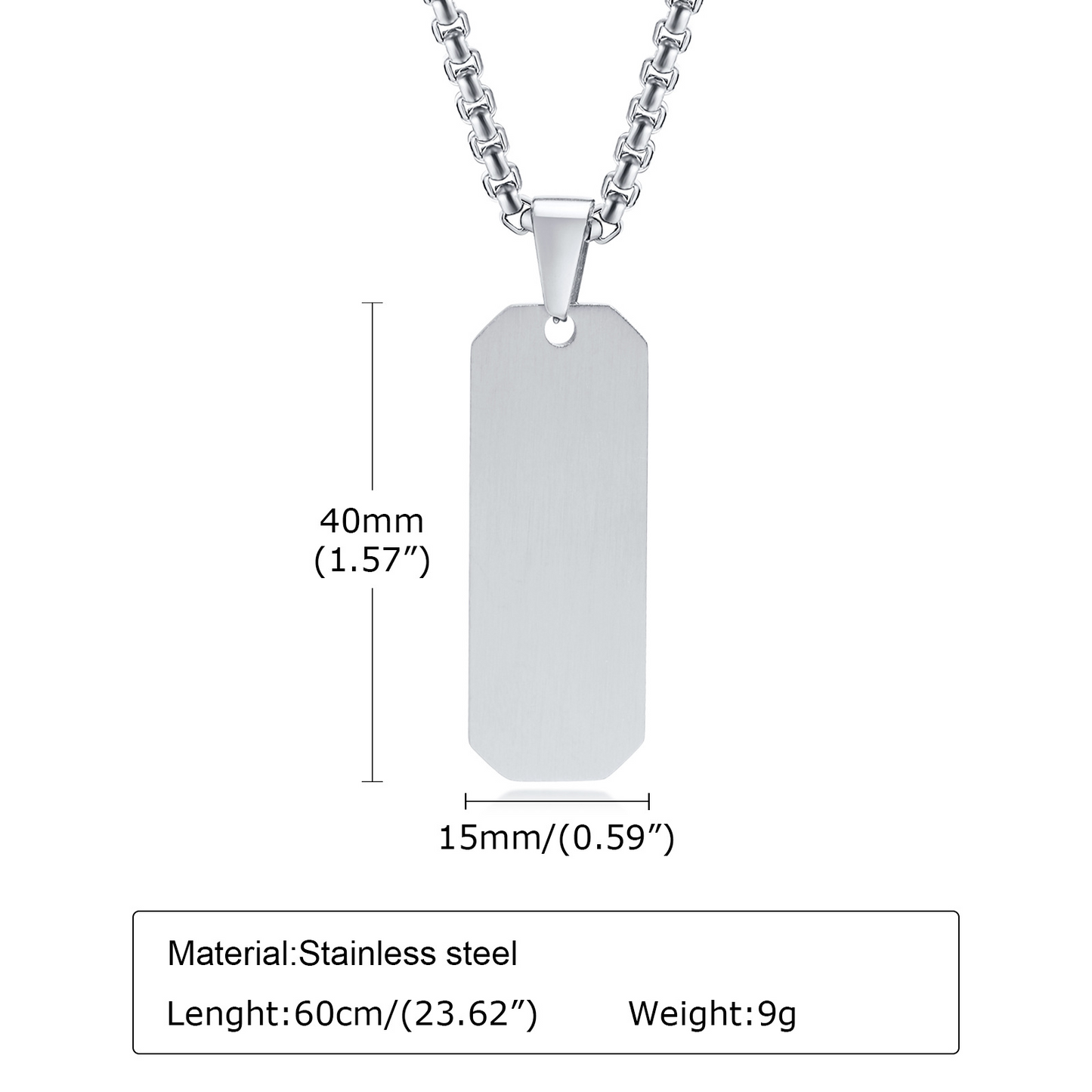 Kemstone Blank Tag Pendant Necklace – Stainless Steel Beveled Rectangle for Men PN-1822