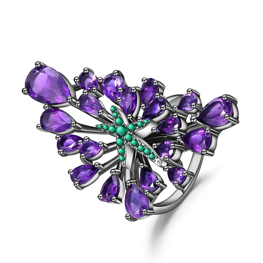 Kemstone Natural Amethyst Green Nano Emerald Geometric Statement Rings in S925 Sterling Silver